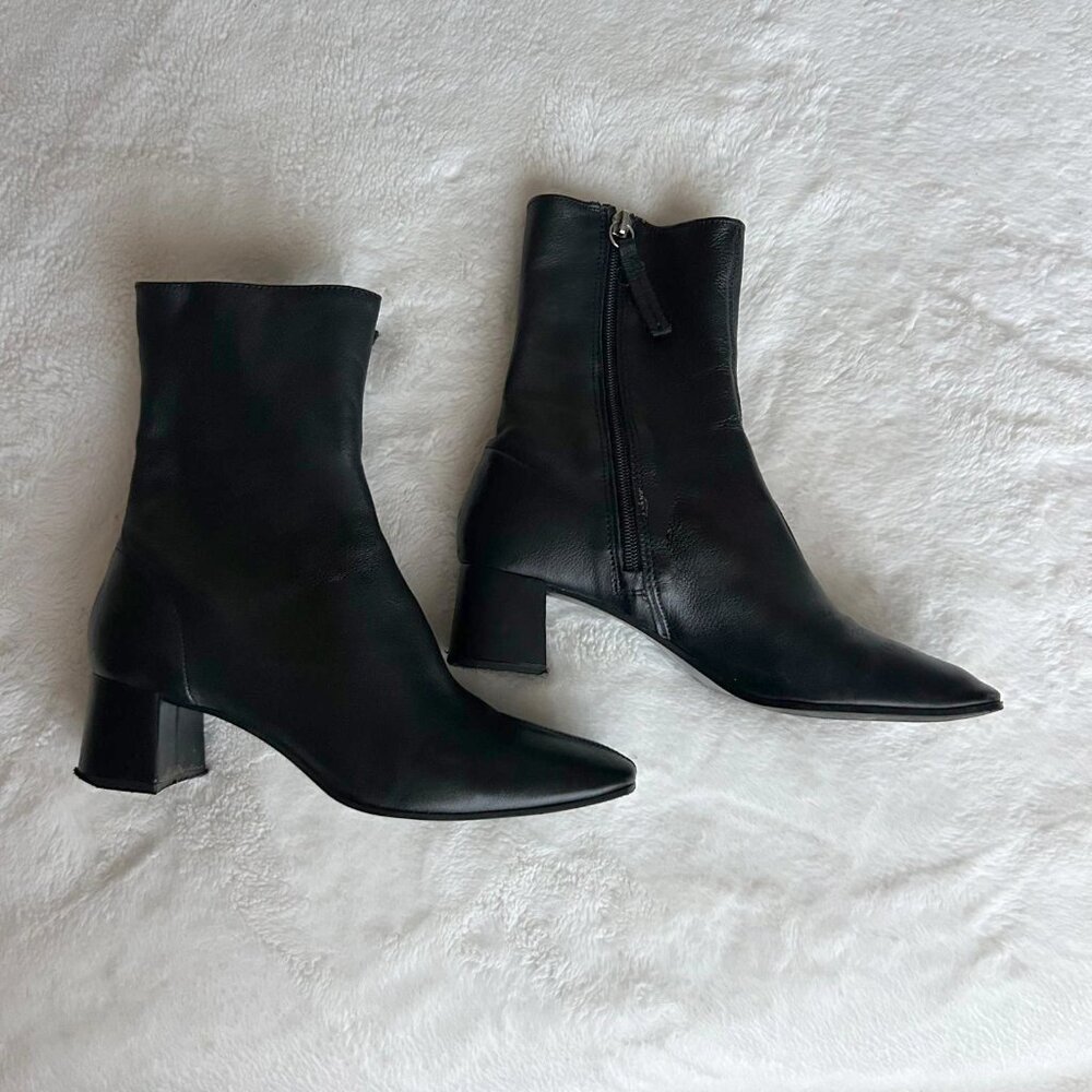 ZARA Black genuine Leather Block Heeled Soft Ankle Boots stretch US 7.5 EUR 38 - Picture 10 of 11